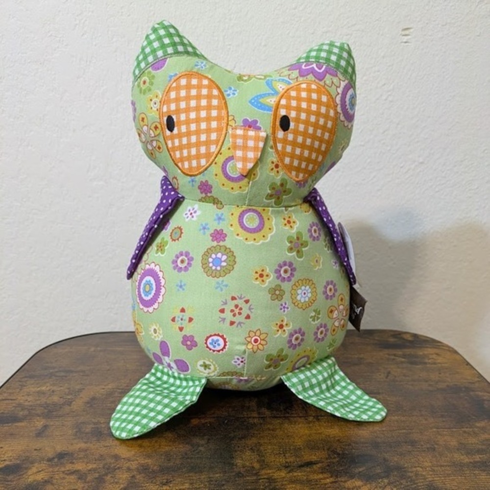 NWT Trend Lab 10" Owl Plush Patchwork Stuffed Animal Toy Green Floral Gingham